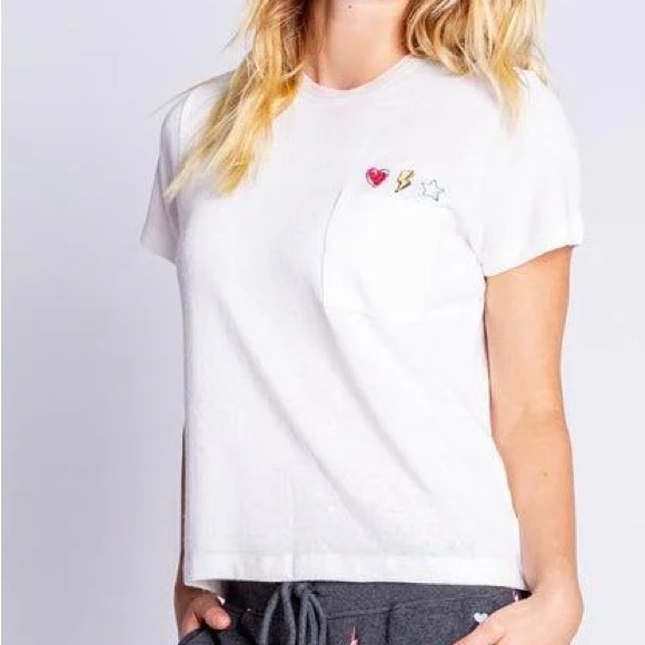 PJ Salvage Large Tee One Love Short Sleeve Embroidered T-shirt Ivory Combo NWT - Picture 2 of 7